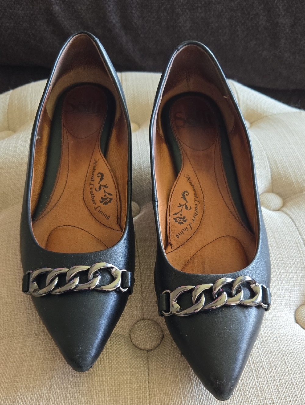 Sofft Black Leather Pointed-Toe Chain-Accent Wedges